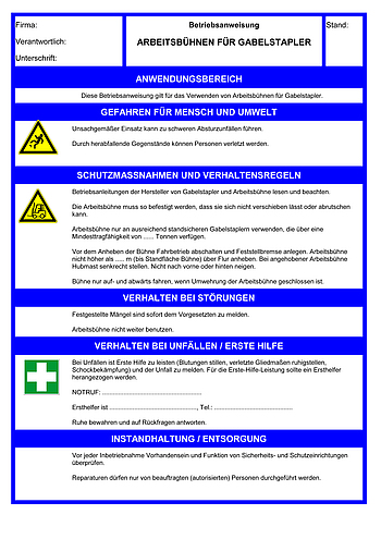 Betriebsanweisungen für Arbeitsmittel: Arbeitsbühnen für Gabelstapler