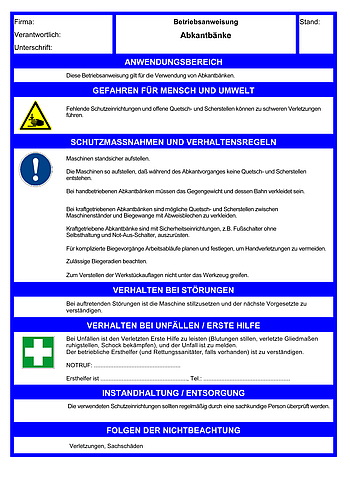 Betriebsanweisungen für Arbeitsmittel: Abkantbänke