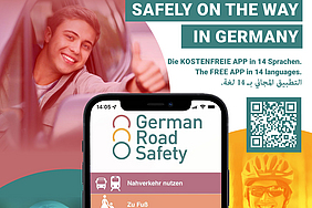 Poster von German Road Safety mit dem Titel: Safely on the way in Germany  - die kostenfreie App in 14 Sprachen