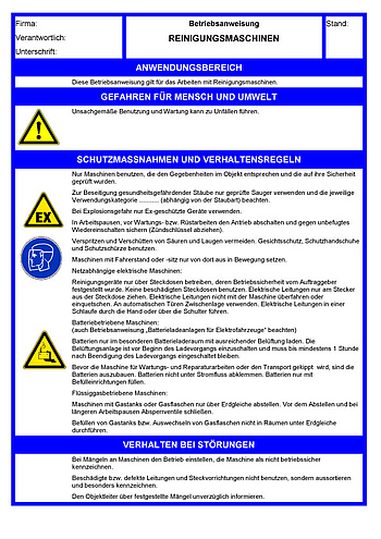 Betriebsanweisungen für Arbeitsmittel: Reinigungsmaschinen