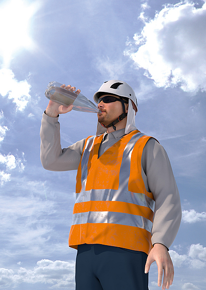 Eine Person trägt die erforderliche Persönlichen Schutzausrüstung gegen UV-Strahlung: Sonnenbrille, Nackenschutz am Schutzhelm und Kühlweste.
