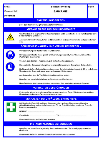 Betriebsanweisungen für Arbeitsmittel: Baukrane