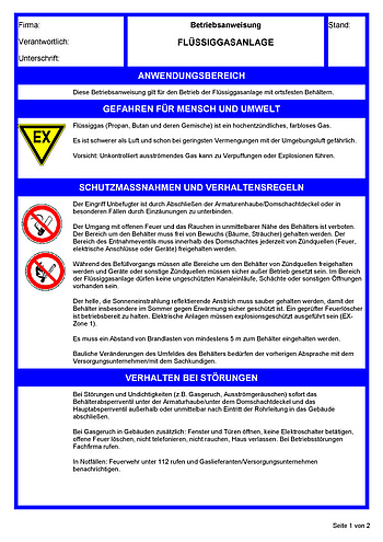 Betriebsanweisungen für Arbeitsmittel: Flüssiggasanlage