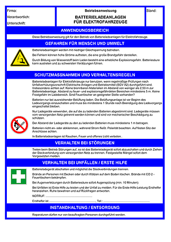 Betriebsanweisungen für Arbeitsmittel: Batterieladeanlagen für Elektrofahrzeuge