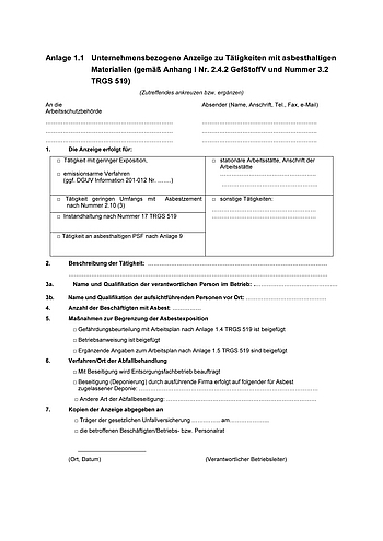 Unternehmensbezogene Anzeige zu Tätigkeiten mit asbesthaltigen Gefahrstoffen (Anlage 1.1)