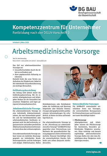 Titelbild Kompetenzzentrum für Unternehmer - Fortbildung nach der DGUV Vorschrift 2: Arbeitsmedizinische Vorsorge, Infoblatt 1 März 2023