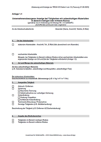 Unternehmensbezogene Anzeige zu Tätigkeiten mit asbesthaltigen Gefahrstoffen (Anlage 1.1)