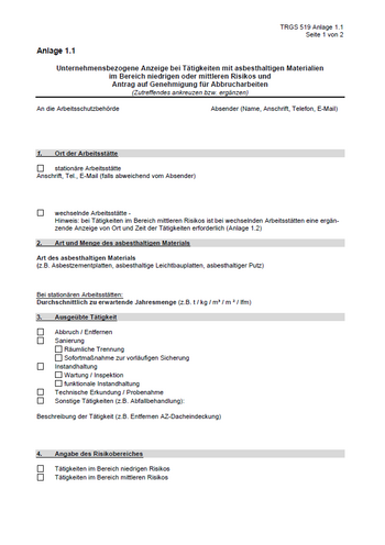 Unternehmensbezogene Anzeige zu Tätigkeiten mit asbesthaltigen Gefahrstoffen (Anlage 1.1)