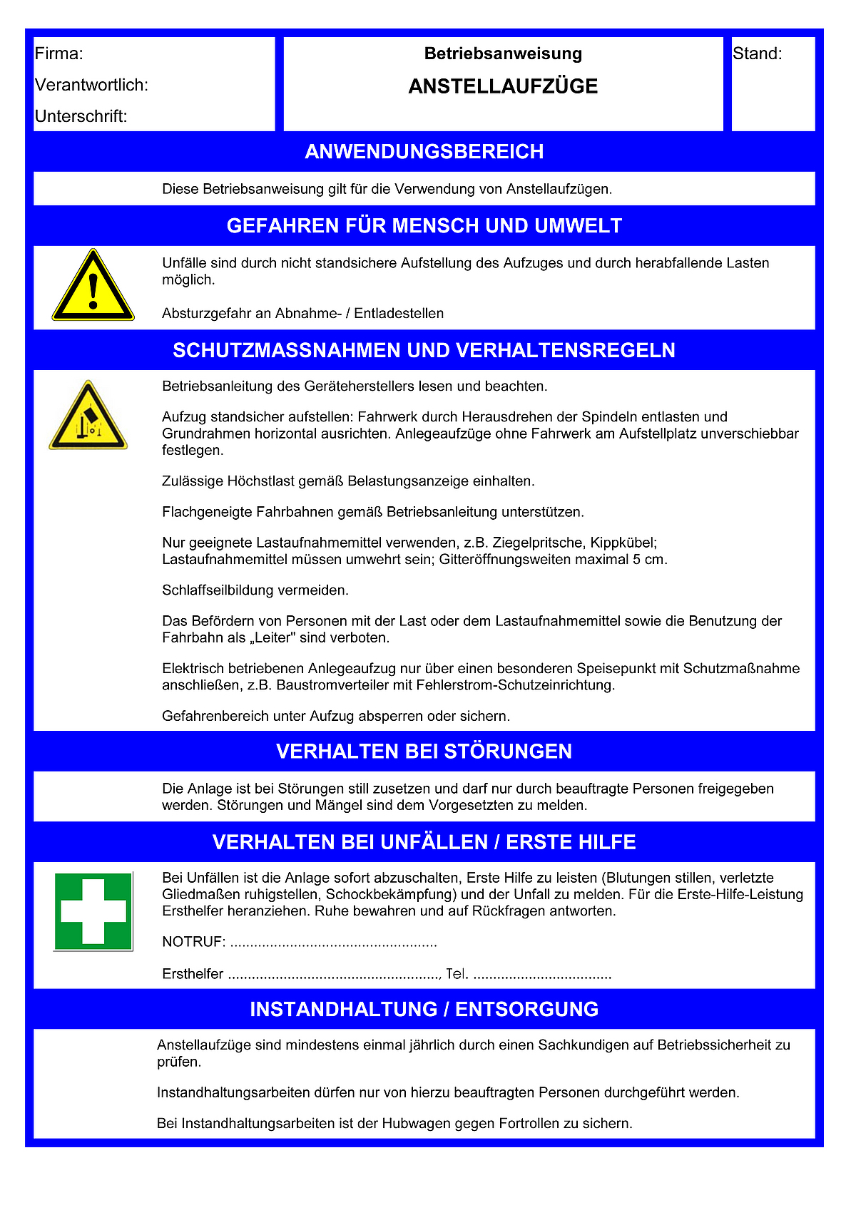 Betriebsanweisungen für Arbeitsmittel: Anstellaufzüge | BG BAU ...