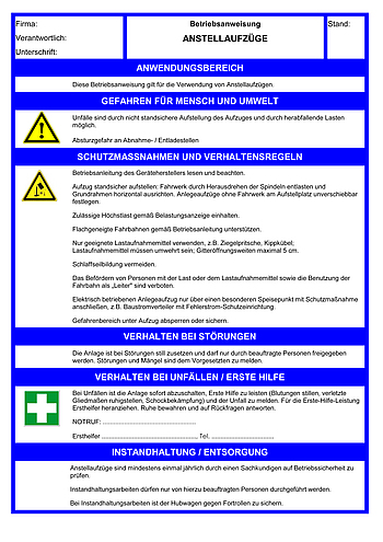 Betriebsanweisungen für Arbeitsmittel: Anstellaufzüge