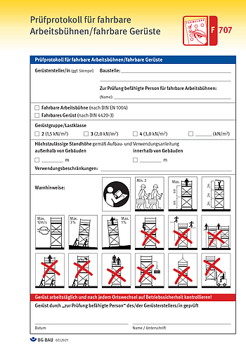 Titelbild Baustein F 707 Prüfprotokoll für fahrbare Arbeitsbühnen/fahrbare Gerüste