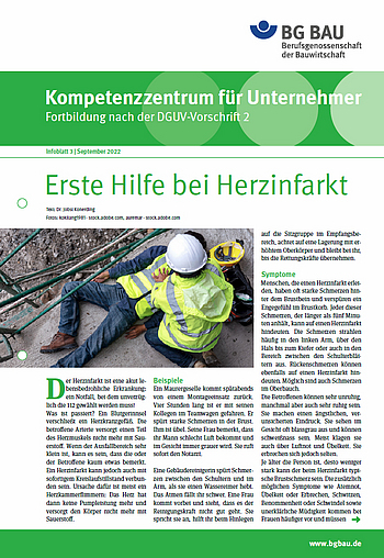 Titelbild des BG BAU aktuell Beilegers Kompetenzzentrum für Unternehmer - Fortbildung nach der DGUV Vorschrift 2: Erste Hilfe bei Herzinfarkt, Infoblatt 3 September 2022.