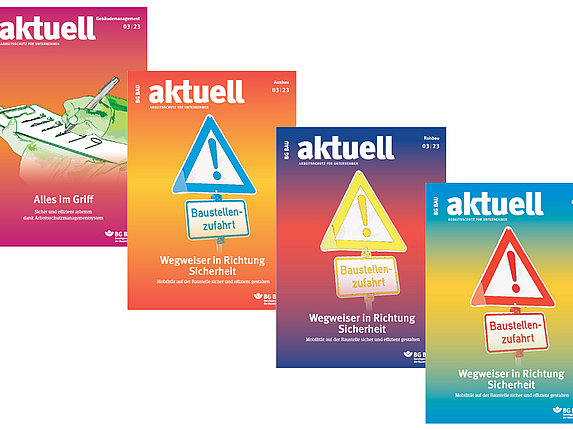 Collage der Titelbilder von BG BAU aktuell 3-2023