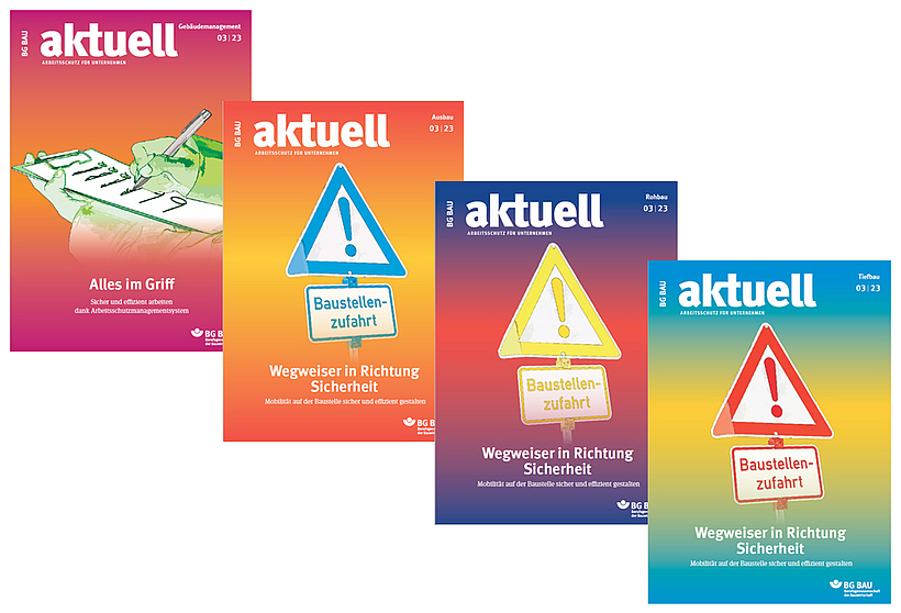Collage der Titelbilder von BG BAU aktuell 3-2023