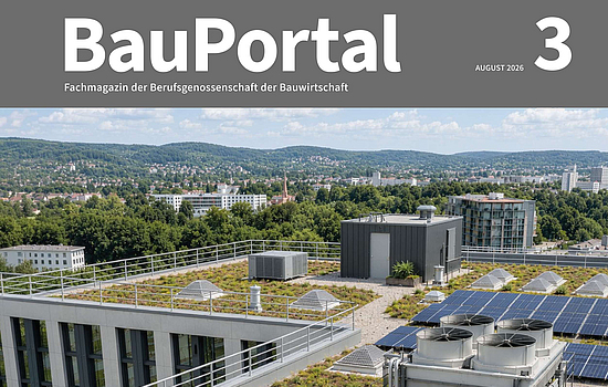 Die Titelseite der BauPortal-Ausgabe 3/2026 zeigt auf dem Titelmotiv eine große Dachfläche mit Klimatechnik, PV-Anlagen und Bienenstöcken von oben. Daneben werden vier Themen der aktuellen Ausgabe angekündigt.