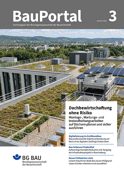 Die Titelseite der BauPortal-Ausgabe 3/2026 zeigt auf dem Titelmotiv eine große Dachfläche mit Klimatechnik, PV-Anlagen und Bienenstöcken von oben. Daneben werden vier Themen der aktuellen Ausgabe angekündigt.
