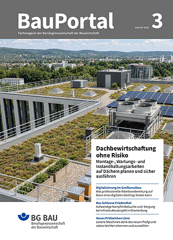 Die Titelseite der BauPortal-Ausgabe 3/2026 zeigt auf dem Titelmotiv eine große Dachfläche mit Klimatechnik, PV-Anlagen und Bienenstöcken von oben. Daneben werden vier Themen der aktuellen Ausgabe angekündigt.