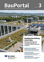 Die Titelseite der BauPortal-Ausgabe 3/2026 zeigt auf dem Titelmotiv eine große Dachfläche mit Klimatechnik, PV-Anlagen und Bienenstöcken von oben. Daneben werden vier Themen der aktuellen Ausgabe angekündigt.