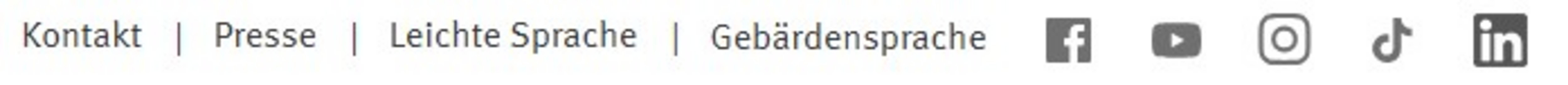 Funktionsbereiche von links nach rechts: Kontakt, Presse, leichte Sprache, Geb&auml;rdensprache, ein kleines f f&uuml;r Facebook, ein Play-Zeichen f&uuml;r YouTube, ein Fotoapparat f&uuml;r Instagram, ein Notenschl&uuml;ssel f&uuml;r TikTok und die Buchstaben "in" f&uuml;r LinkedIn.