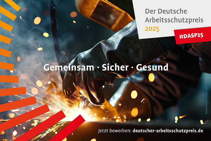 Pressebild des Deutschen Arbeitsschutzpreises 2025: Eine Person in Schutzausrüstung beim Schweißen.