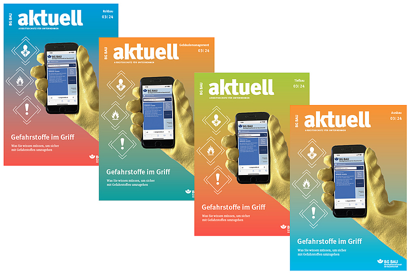 Collage der Titelbilder von BG BAU aktuell 3-2024.