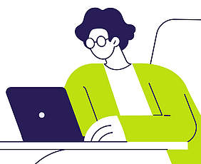 Illustration mit Person, die an einem Laptop sitzt.