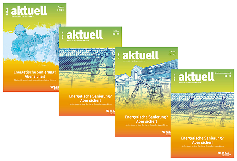 Collage der Titelbilder von BG BAU aktuell 2-2023.