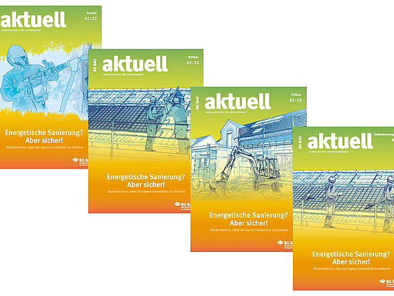 Collage der Titelbilder von BG BAU aktuell 2-2023.