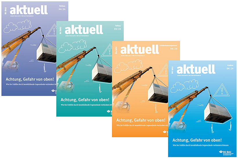Collage der Titelbilder von BG BAU aktuell 4-2024.