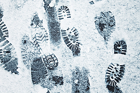 Auf einem Boden sind verschiedene Fußabdrücke im Schnee.