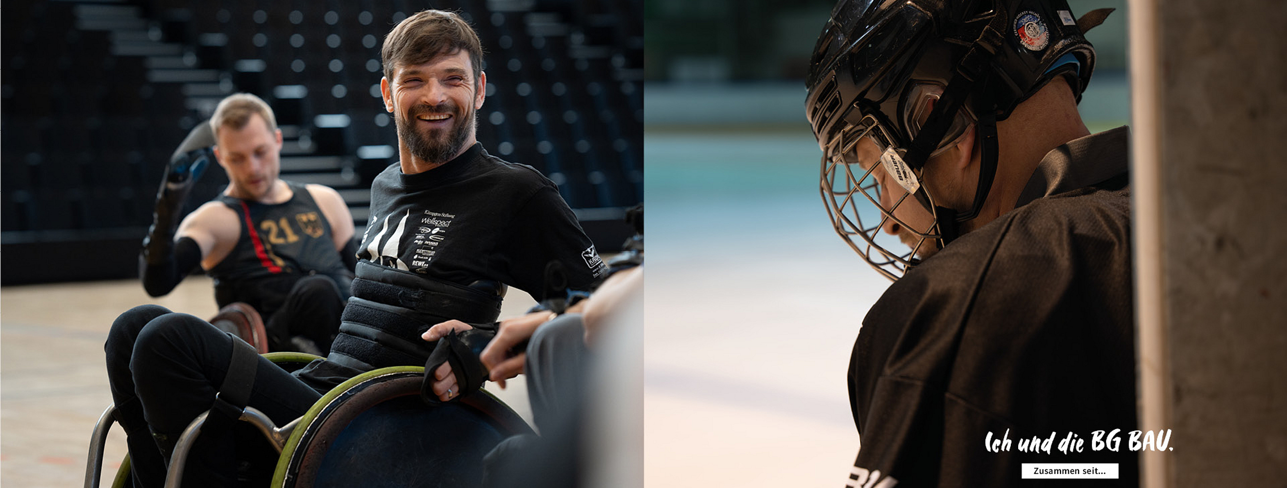 Zweigeteiltes Bild für die Kampagne "Ich und die BG BAU". Links: Tobias Krämer im Rollstuhl in einer Sporthalle. Rechts: Jacob Wolff beim Para-Eishockey.