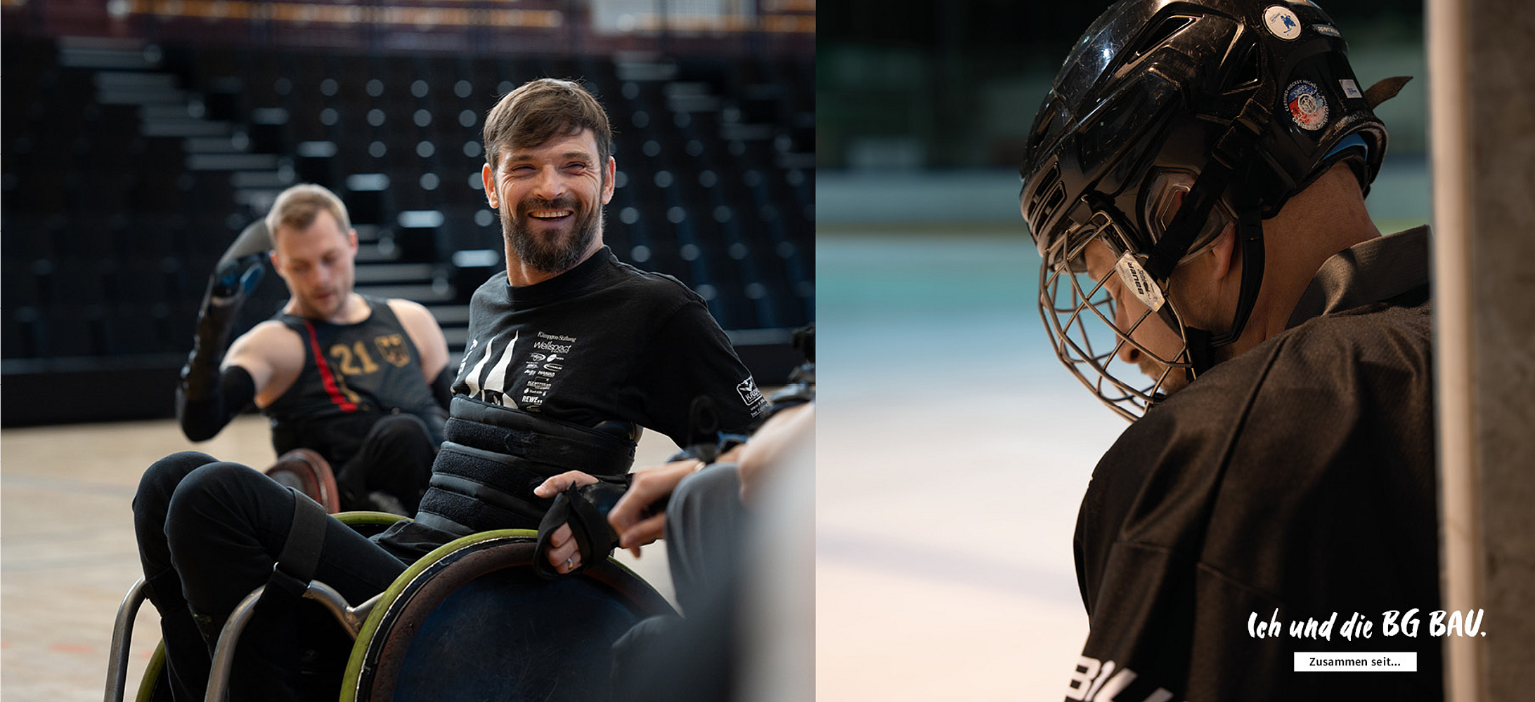 Zweigeteiltes Bild für die Kampagne "Ich und die BG BAU". Links: Tobias Krämer im Rollstuhl in einer Sporthalle. Rechts: Jacob Wolff beim Para-Eishockey.