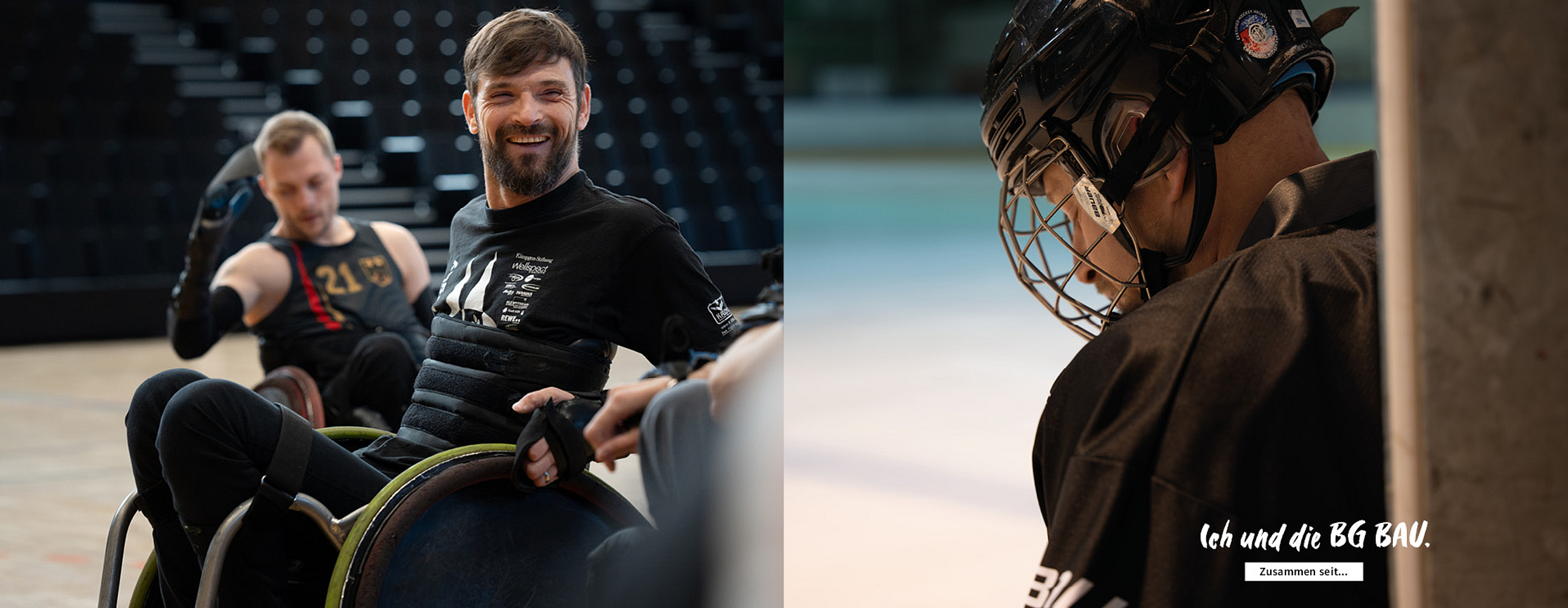 Zweigeteiltes Bild f&uuml;r die Kampagne "Ich und die BG BAU". Links: Tobias Kr&auml;mer im Rollstuhl in einer Sporthalle. Rechts: Jacob Wolff beim Para-Eishockey.