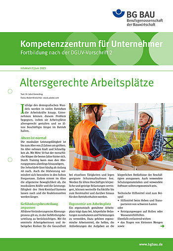 Titelbild Kompetenzzentrum für Unternehmer - Fortbildung nach der DGUV Vorschrift 2: Altersgerechte Arbeitsplätze, Infoblatt 2 Juni 2023