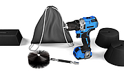 Ein Set für Schornsteinfeger, bestehend aus einem blauer Akku-Bohrschrauber, zwei schwarzen Schaumstoffkegel, einer runden Bürste mit Stiel, einem grauen Stoffbeutel und einem schwarzen rechteckigen Schaumstoffstück.