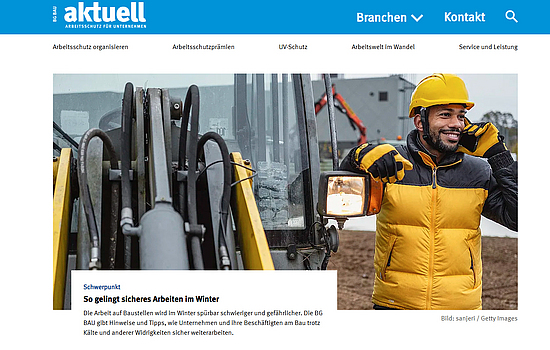 Screenshot der Startseite des Web-Magazins BG BAU aktuell, Ausgabe 1/2025.