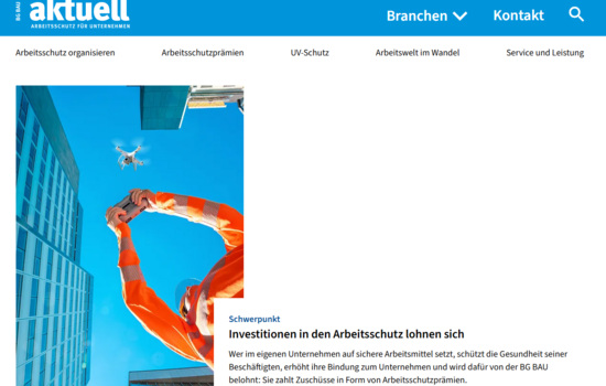 Screenshot der Startseite des Web-Magazins BG BAU aktuell, Ausgabe 3/2026.