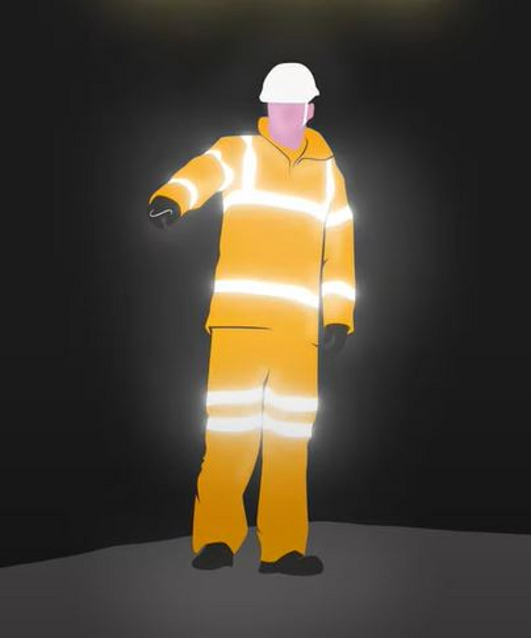 Illustration mit einem  Menschen in der Dunkelheit, der einen Schutzhelm und Warnkleidung mit leuchtenden Reflexstreifen trägt.