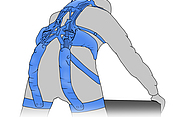 Zeichnung einer Person, die ein blaues Exoskelett am Rücken trägt, das zur Unterstützung bei körperlicher Arbeit dient.