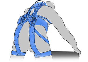 Zeichnung einer Person, die ein blaues Exoskelett am Rücken trägt, das zur Unterstützung bei körperlicher Arbeit dient.