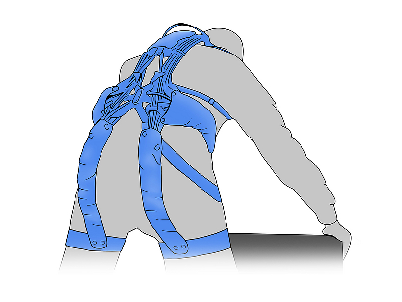 Zeichnung einer Person, die ein blaues Exoskelett am Rücken trägt, das zur Unterstützung bei körperlicher Arbeit dient.