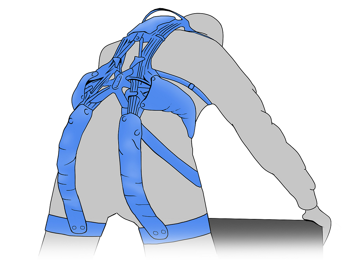 Zeichnung einer Person, die ein blaues Exoskelett am Rücken trägt, das zur Unterstützung bei körperlicher Arbeit dient.