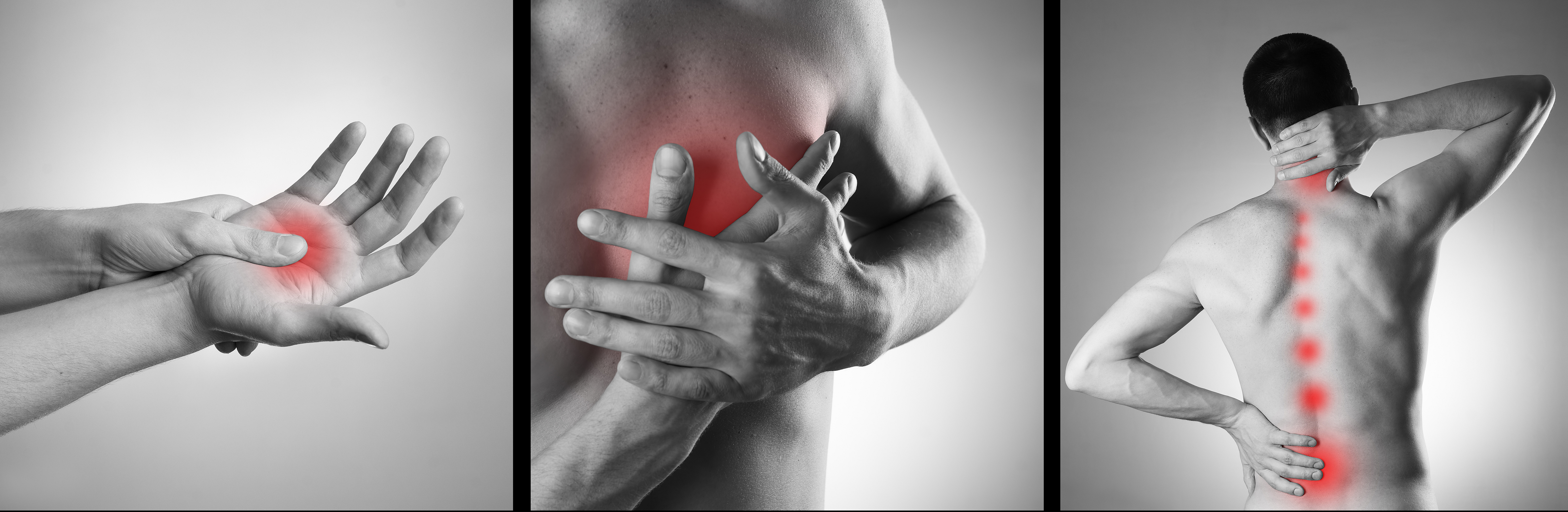 Bild zeigt verschiedenen Ausschnitte einer m&auml;nnlichen Person, die Schmerzen an unterschiedlichen K&ouml;rperregionen wie Hand, Wirbels&auml;ule, Nacken oder R&uuml;cken hat.