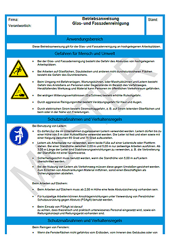 Betriebsanweisungen für Arbeitsmittel: Glas und Fassadenreinigung