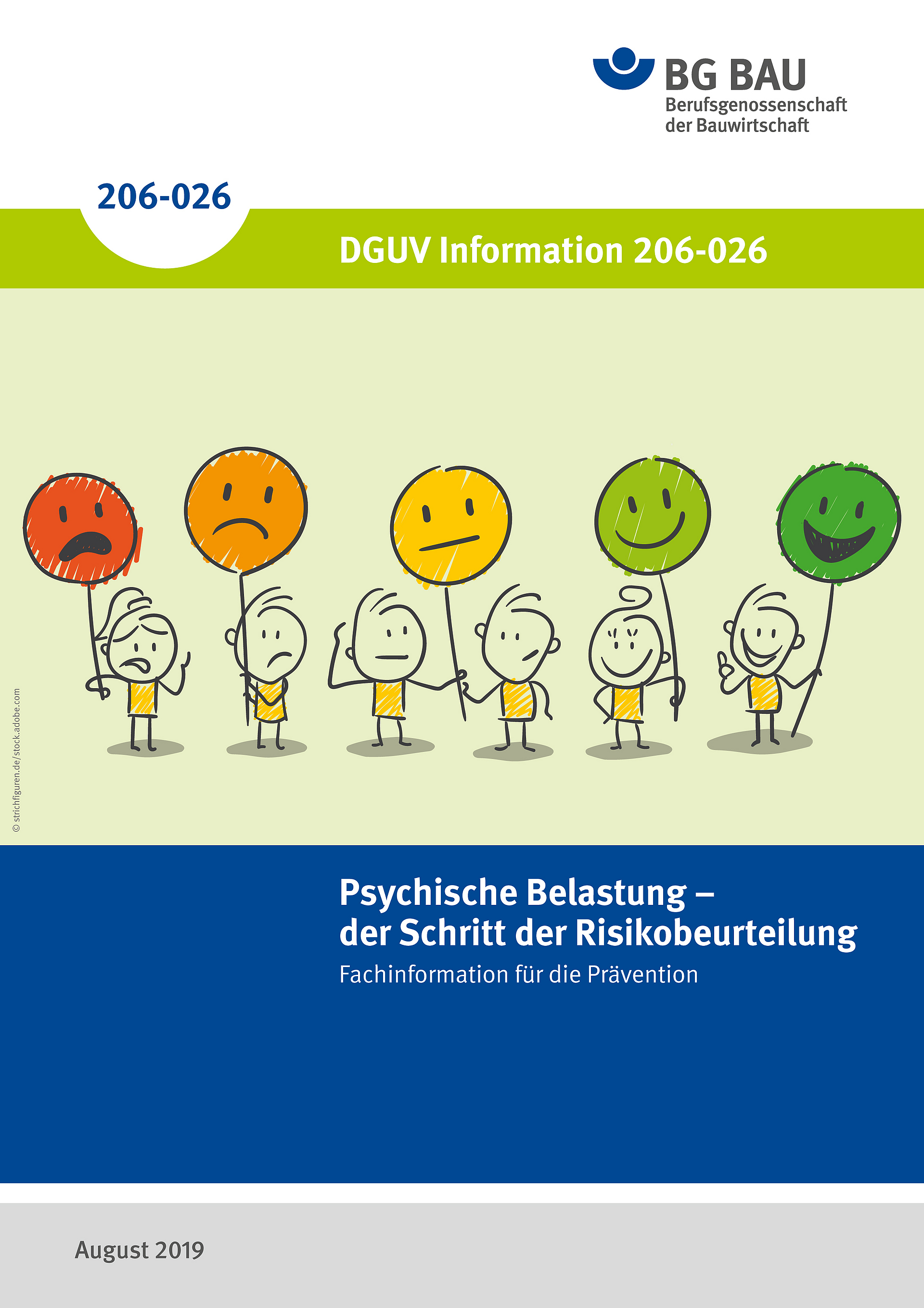 Titelbild der DGUV Information 206-026: Psychische Belastung - der Schritt der Risikobeurteilung.