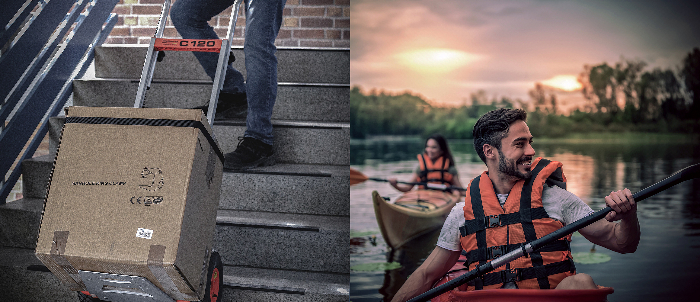 Zweigeteiltes Bild: Links zieht eine Person mit einer ergonomischen Tragehilfe ein schweres Paket eine Treppe hinaus. Rechts paddeln zwei lächelnde Personen mit Schwimmwesten in Kajaks über einen Fluss.