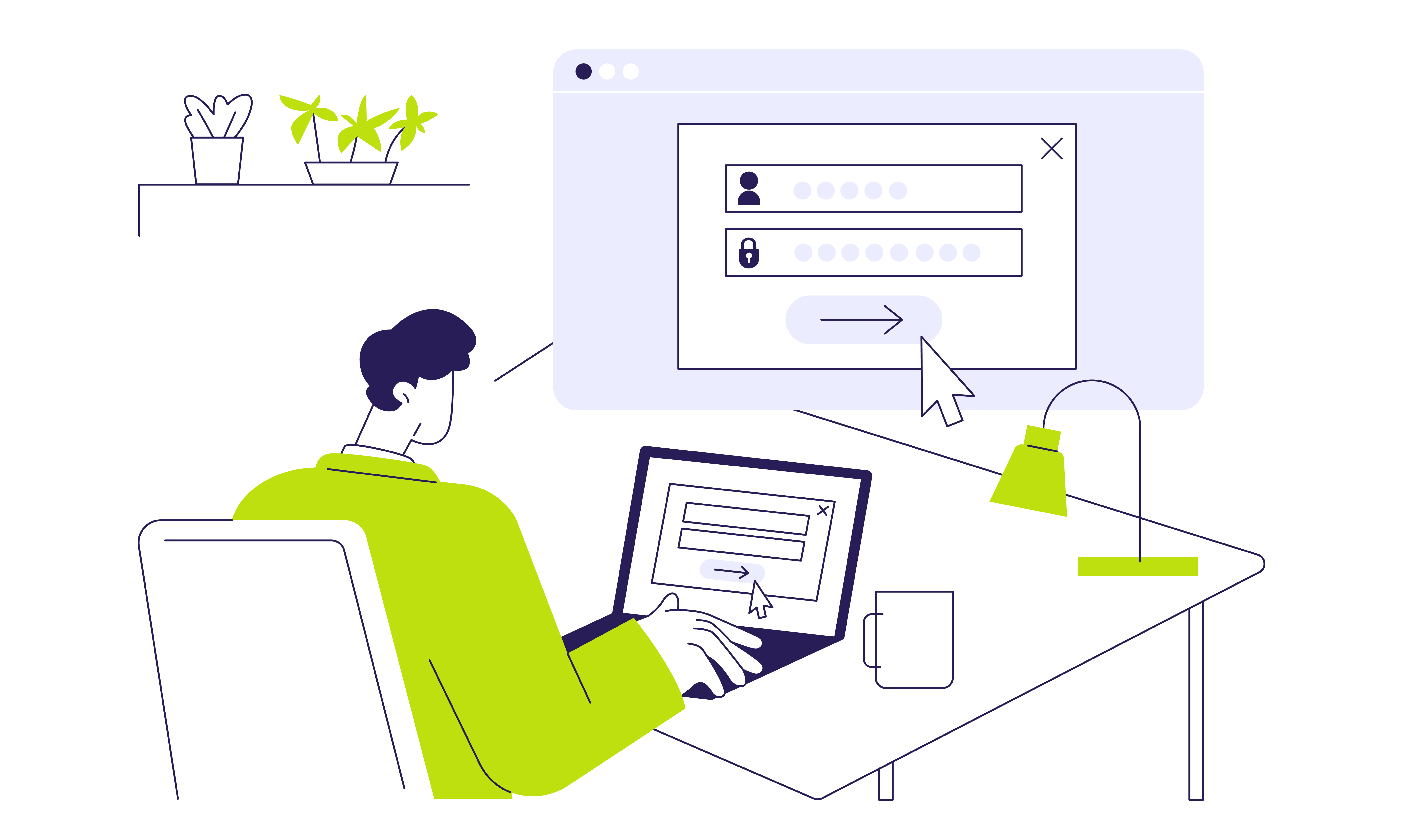 Illustration mit einem Mann, der im B&uuml;ro an einem Laptop sitzt und sich bei der BG BAU online anmeldet.