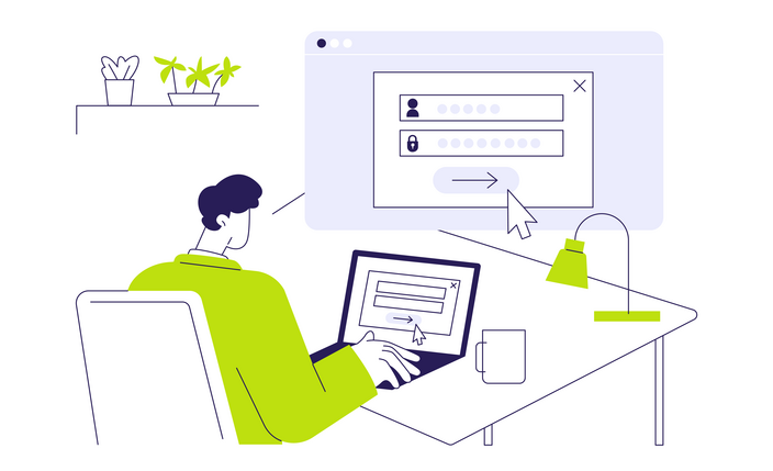 Illustration mit einem Mann, der sich an einem Laptop bei meine BG BAU registriert.