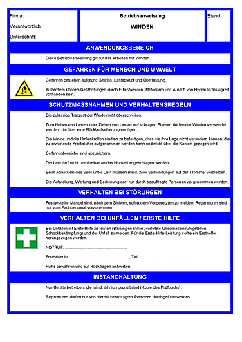 Betriebsanweisungen für Arbeitsmittel: Winden