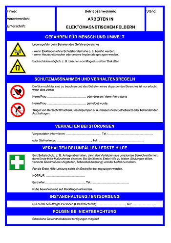 Betriebsanweisungen für Arbeitsmittel: Arbeiten in elektromagnetischen Feldern